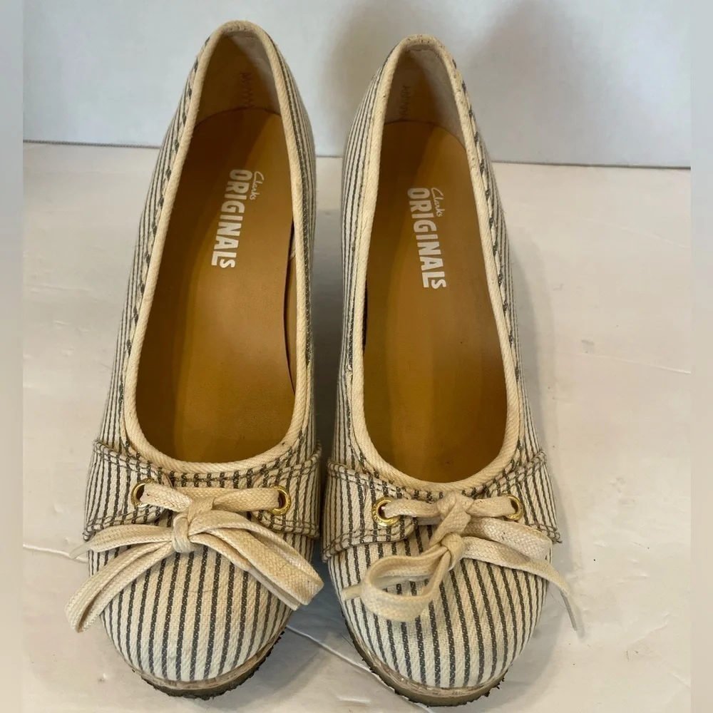 Clarks Originals Blue Beige Pin Stripe Slide-on Wedge Heels Shoes Size 9 M